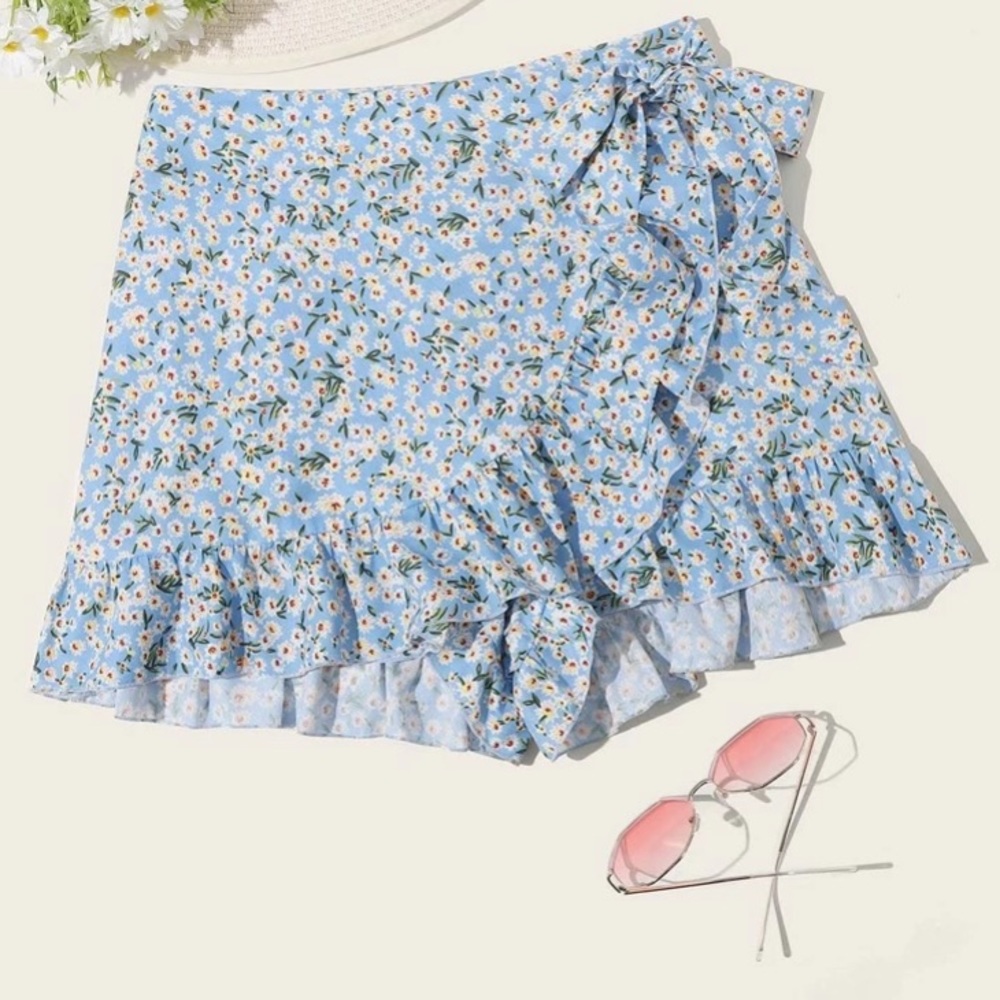shein ruffle trim wrap tie floral skort